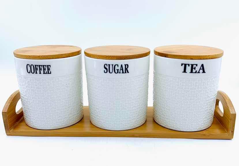 3-Piece Fine-Grain Ceramic Canister Set with Bamboo Lids on Bamboo Tray