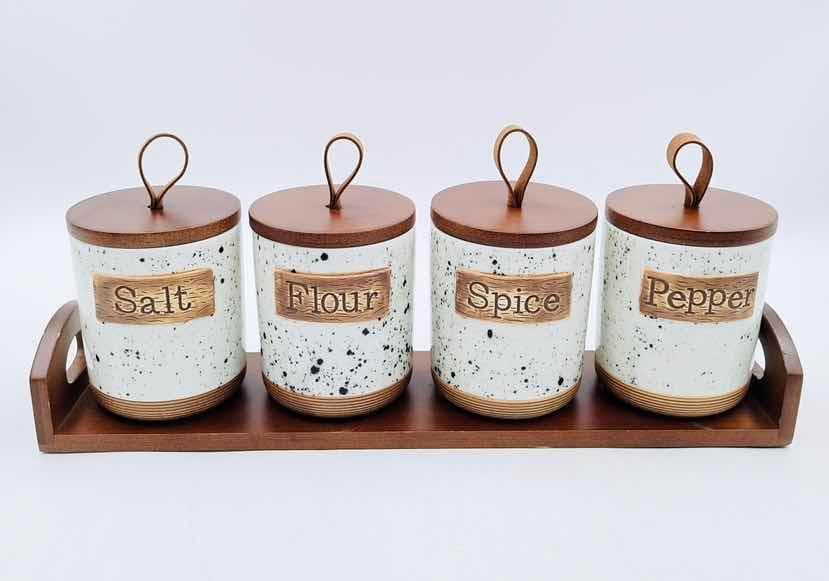 4-Piece Speckled Rustic Ceramic Spice Jar Set with Wooden Lids on Bamboo Tray