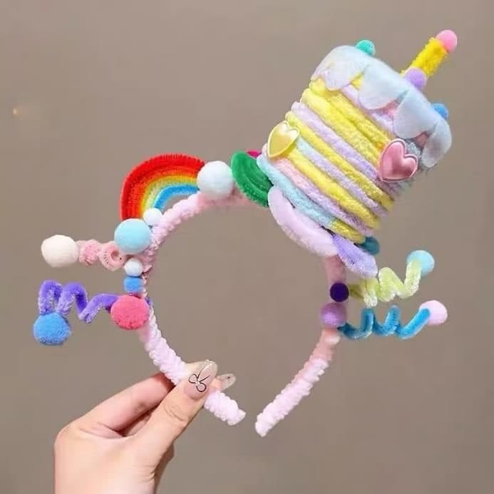Rainbow Curl Headband with Cake, Pink