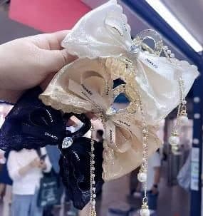 Organza Bow Claw Clip with Pearl Chain, Black and Cream