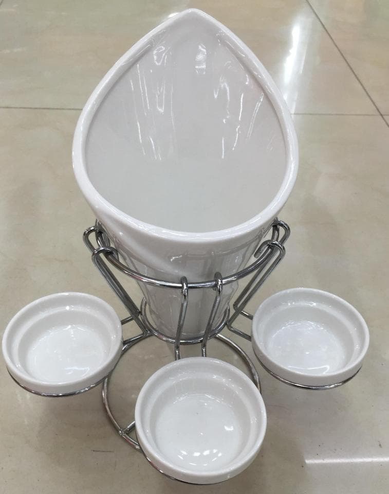 Ceramic Cone Serving Bowl with Four Dishes on Metal Stand