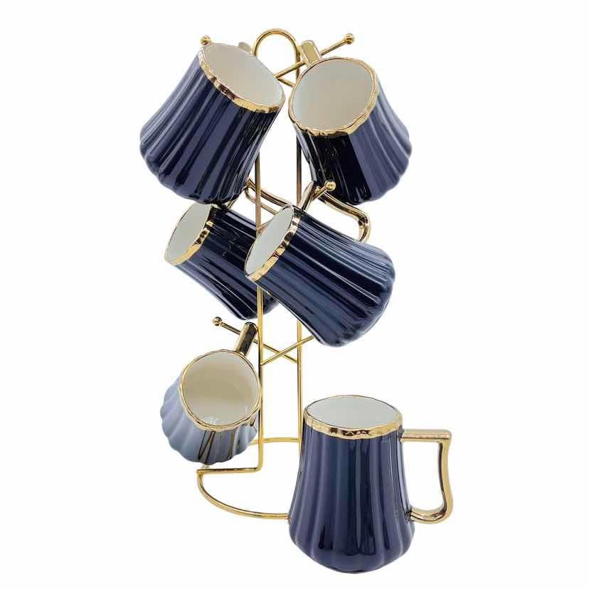 6-Piece Gold-Rimmed Fluted Ceramic Mug Set on Gold Metal Mug Tree, Black