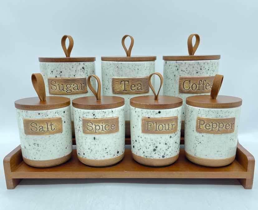 7-Piece Speckled Rustic Ceramic Canister and Spice Set with Wooden Lids on Bamboo Tray