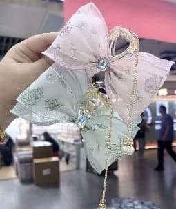 Embroidered Organza Bow Claw Clip with Pearl Chain, Pink and Mint