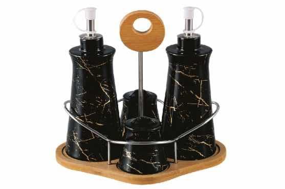 Black Marble-Effect Ceramic Cruet Set with Tall Oil Bottles and Shakers on Bamboo Stand