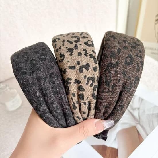 Wide Leopard Print Headband, Grey and Tan