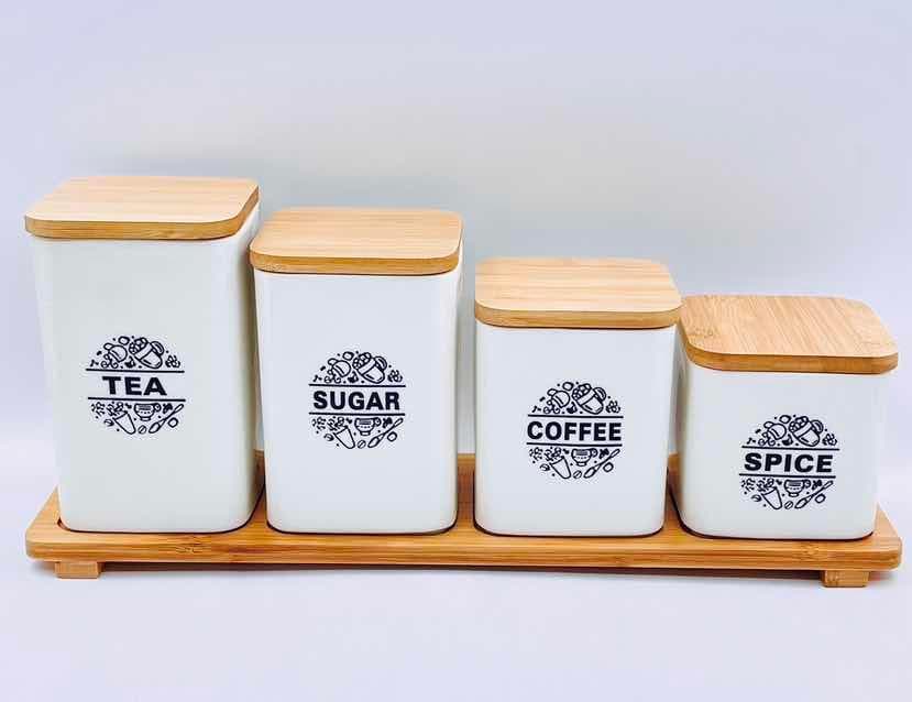 4-Piece Tea, Sugar, Coffee and Spice Square Ceramic Canister Set on Bamboo Tray
