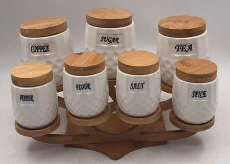 7-Piece Labelled Hammered Ceramic Canister and Spice Set on Curved Bamboo Stand