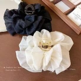 Black Glitter and Cream Organza Ruffle Claw Clip