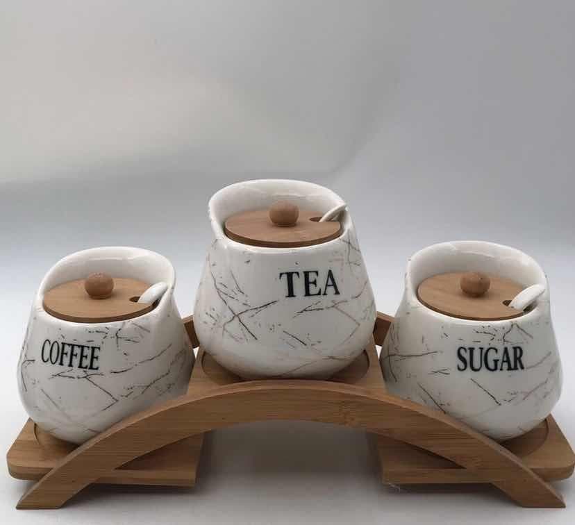 3-Piece Marble-Effect Ceramic Condiment Jar Set with Spoons on Arched Bamboo Stand
