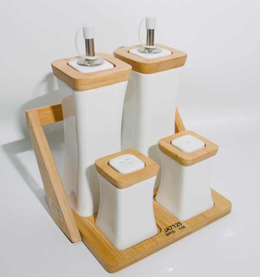 Square Ceramic Oil and Vinegar Set with Shakers on Stepped Bamboo Stand