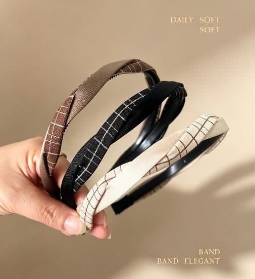 Narrow Check Print Headband, Brown and Cream