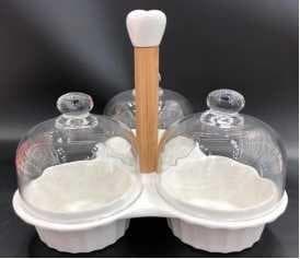 4-Piece Ceramic Dessert Dish Set with Glass Domes on Bamboo Stand, Small