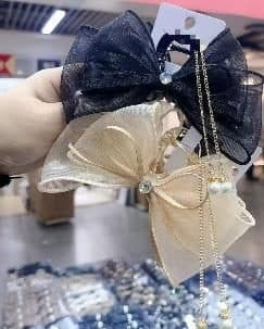 Organza Bow Claw Clip with Pearl Chain, Black and Beige