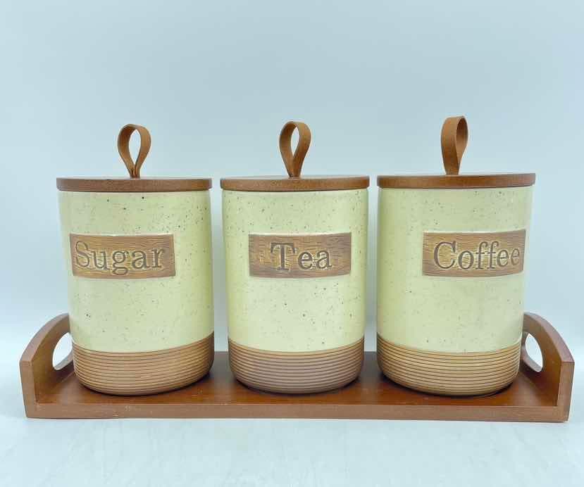 3-Piece Rustic Ceramic Sugar, Tea and Coffee Canister Set with Wooden Lids, Yellow