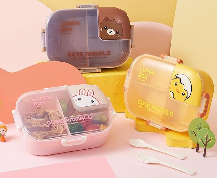PP Plastic Lunch Box, 22 x 16.5 x 8.5 cm, with Spoon and Fork