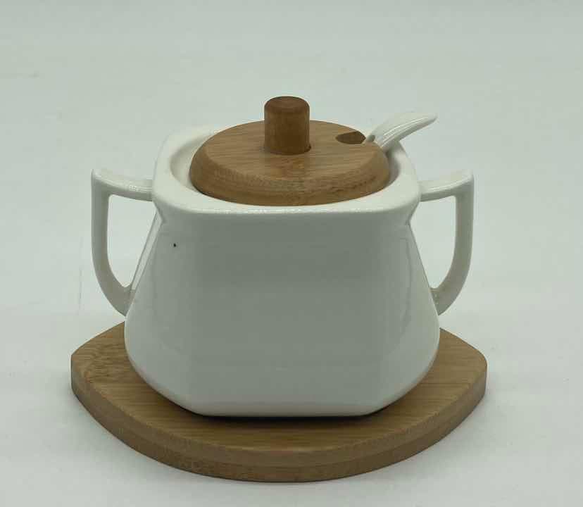 Ceramic Sugar Pot with Bamboo Lid, Handles and Spoon on Bamboo Coaster, Small
