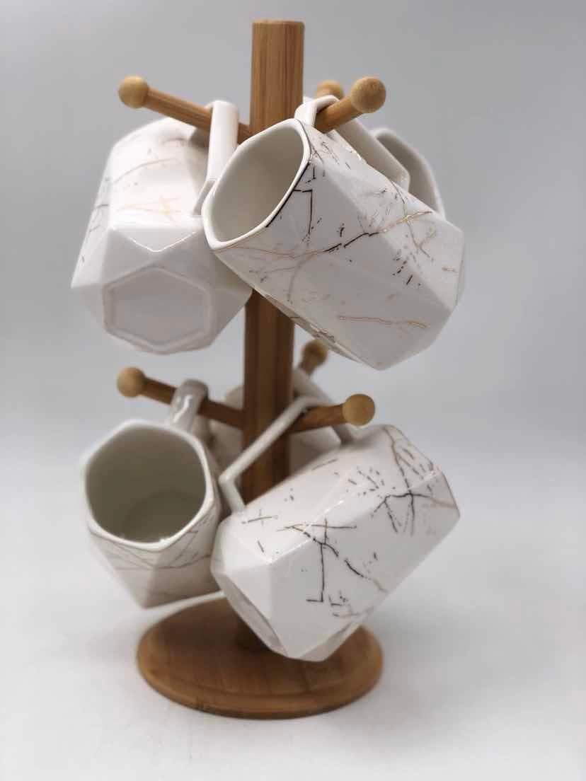 6-Piece Faceted Marble-Effect Ceramic Mug Set on Bamboo Mug Tree
