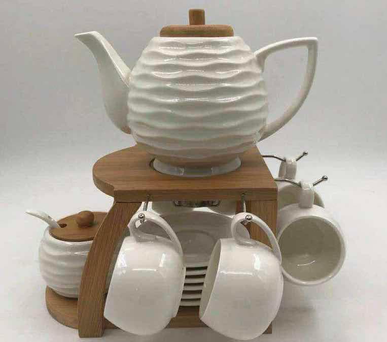 Ribbed Ceramic Tea Set with Teapot, Sugar Pot and 4 Cups on Bamboo Stand