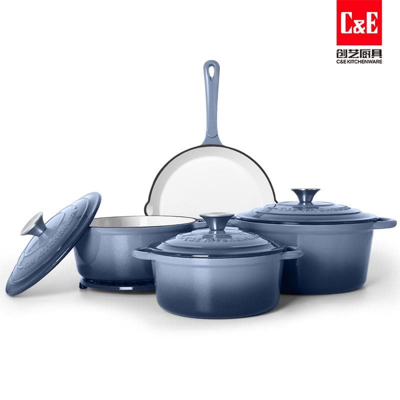 8pc Enamel Cast Iron Cookware Set, 20/22/24cm Casseroles and 25cm Frying Pan 4