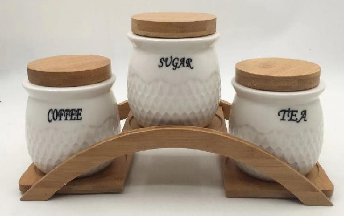 3-Piece Textured Ceramic Canister Set on Arched Bamboo Stand