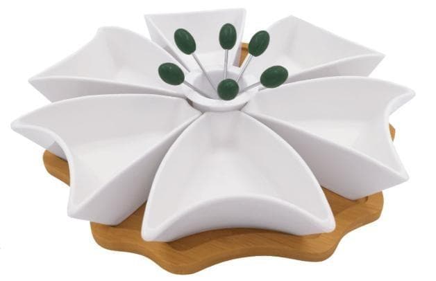 8-Section Flower Ceramic Serving Platter on Bamboo Base with Picks
