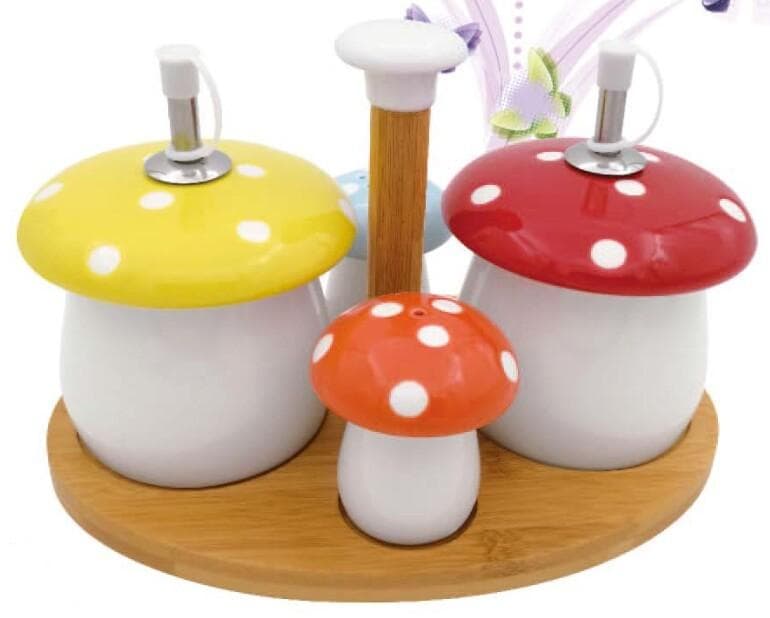 Mushroom-Shaped Ceramic Condiment and Oil Bottle Set on Round Bamboo Base