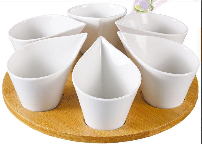 7-Piece Conical Ceramic Serving Bowl Set on Round Bamboo Base
