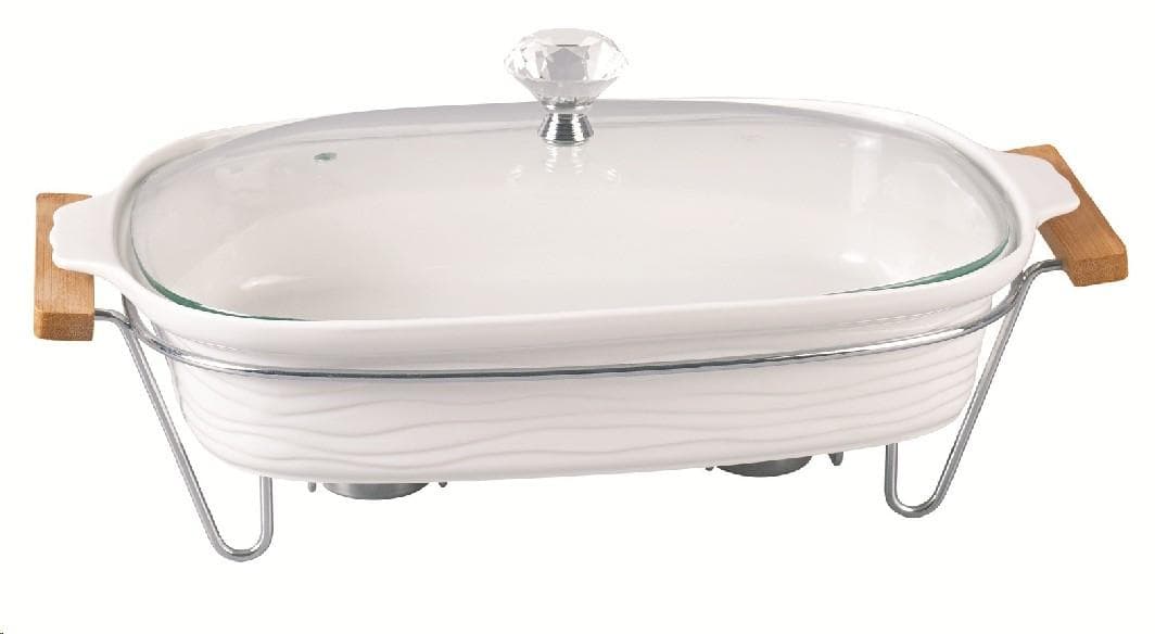 Rectangular Ceramic Chafing Dish with Glass Lid and Bamboo-Handle Stand