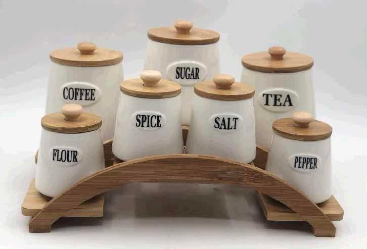 8-Piece Labelled Ceramic Canister and Spice Set on Arched Bamboo Stand
