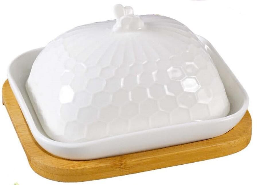 Honeycomb Ceramic Cheese Dome with Bee Knob on Square Bamboo Board, Large