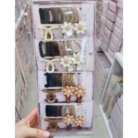 Kids Hair Accessory Gift Box, Brown Ties and Flower Clips