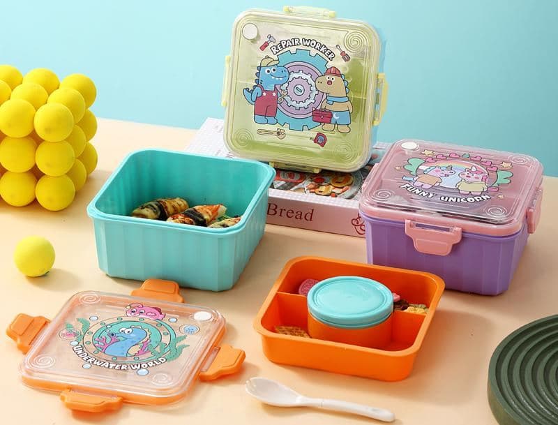 PP Plastic 3-Compartment Lunch Box, 19.7 x 14.5 x 6.3 cm, with Spoon and Fork