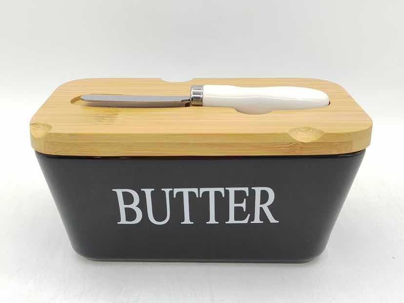 Ceramic Butter Box with Bamboo Lid and Spreader, Black