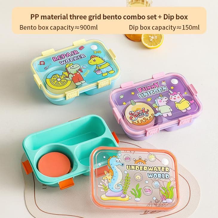PP Plastic 3-Compartment Lunch Box, 19.7 x 14.5 x 7.2 cm, with Spoon and Fork