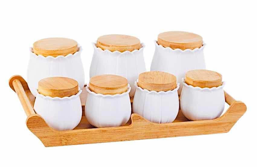 6-Piece Scalloped Ceramic Spice Jar Set with Bamboo Lids on Tray