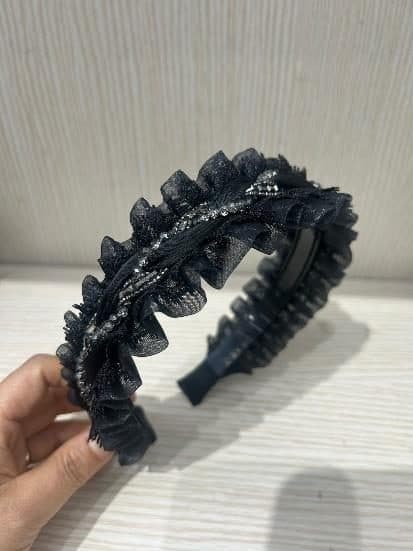 Lace Ruffle Headband with Rhinestones, Black