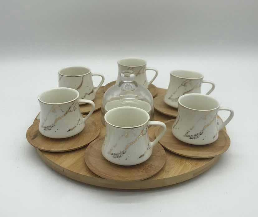 Marble-Effect Ceramic Coffee Cup Set with Saucers on Round Bamboo Tray
