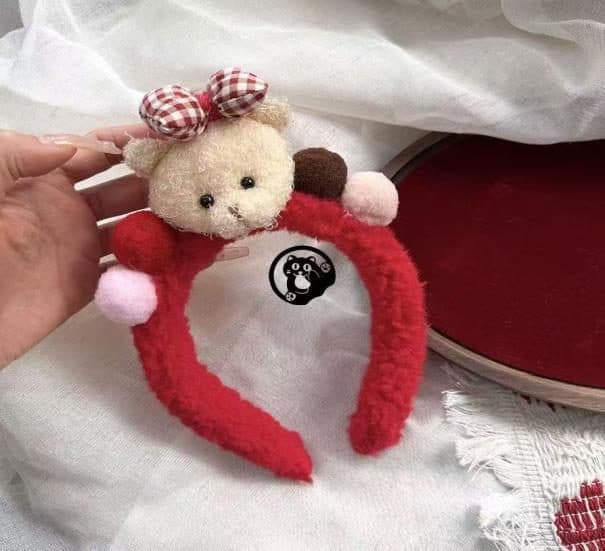 Bear Plush Headband with Gingham Bow, Red