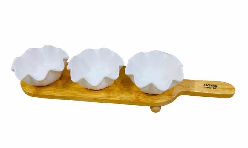 3-Piece Ruffled Ceramic Dip Bowl Set on Bamboo Paddle Board