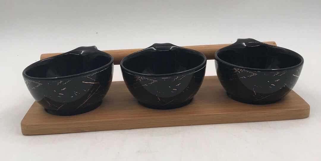 3-Piece Black Marble-Effect Ceramic Bowl Set on Rectangular Bamboo Tray