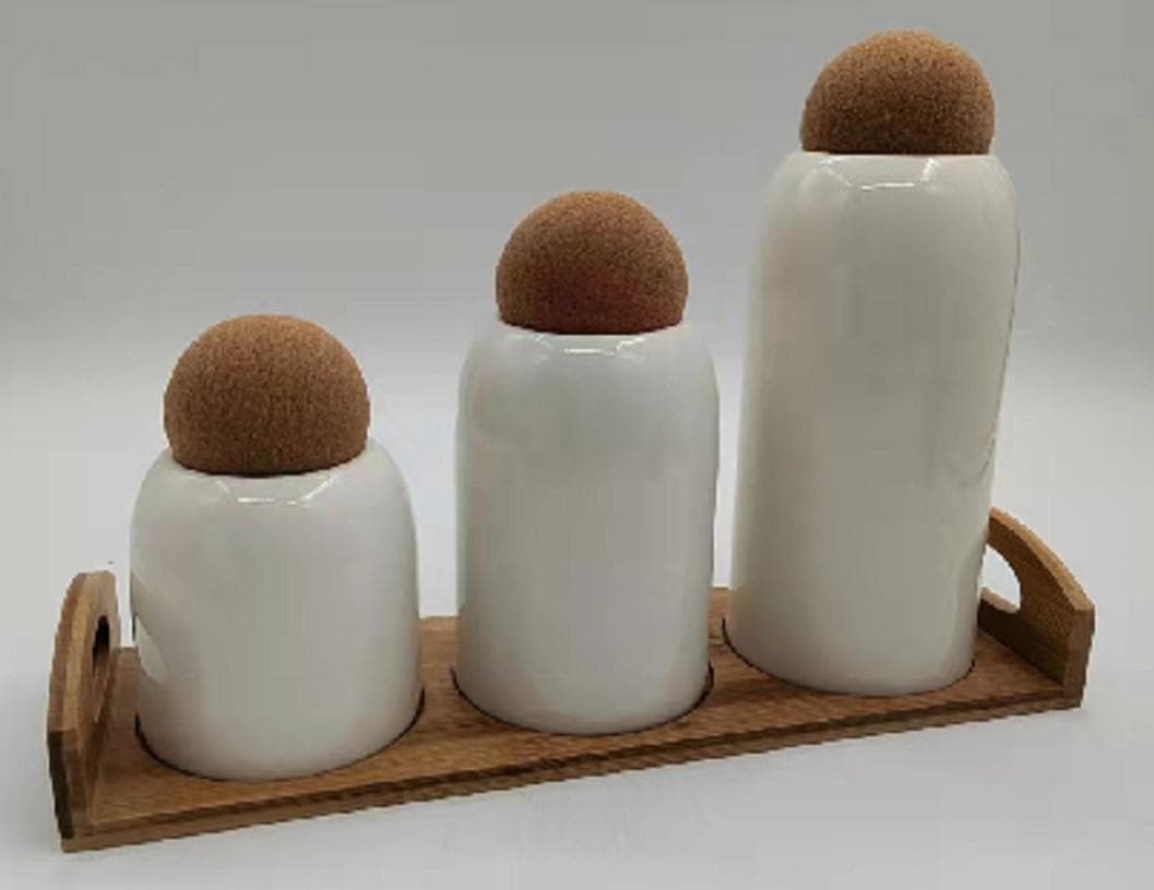 3-Piece Ceramic Oil and Vinegar Bottle Set with Cork Stoppers on Bamboo Tray