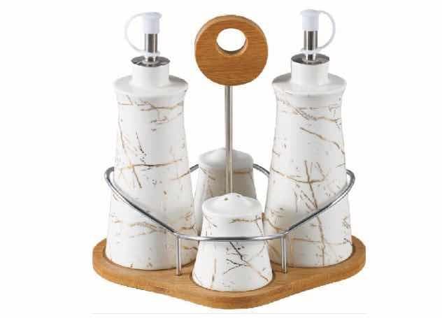 Marble-Effect Ceramic Cruet Set with Tall Oil Bottles and Shakers on Bamboo Stand