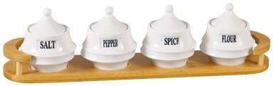 4-Piece Labelled Lidded Ceramic Spice Jar Set on Bamboo Tray