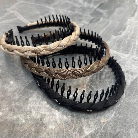Braided Headband with Comb Teeth, Tan and Black Set