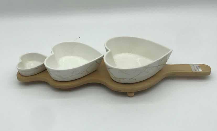 3-Piece Marble-Effect Teardrop Ceramic Dip Bowl Set on Bamboo Paddle Board