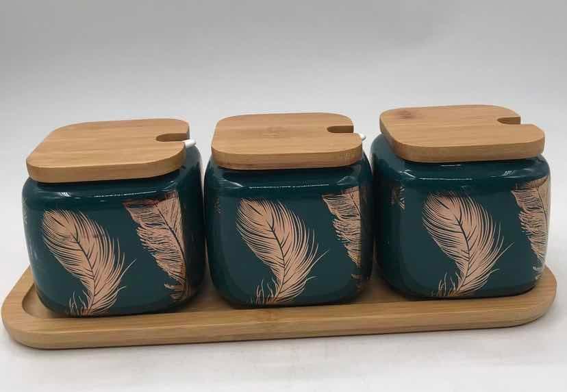 3-Piece Gold Feather Ceramic Condiment Jar Set with Bamboo Lids on Bamboo Tray, Dark Green