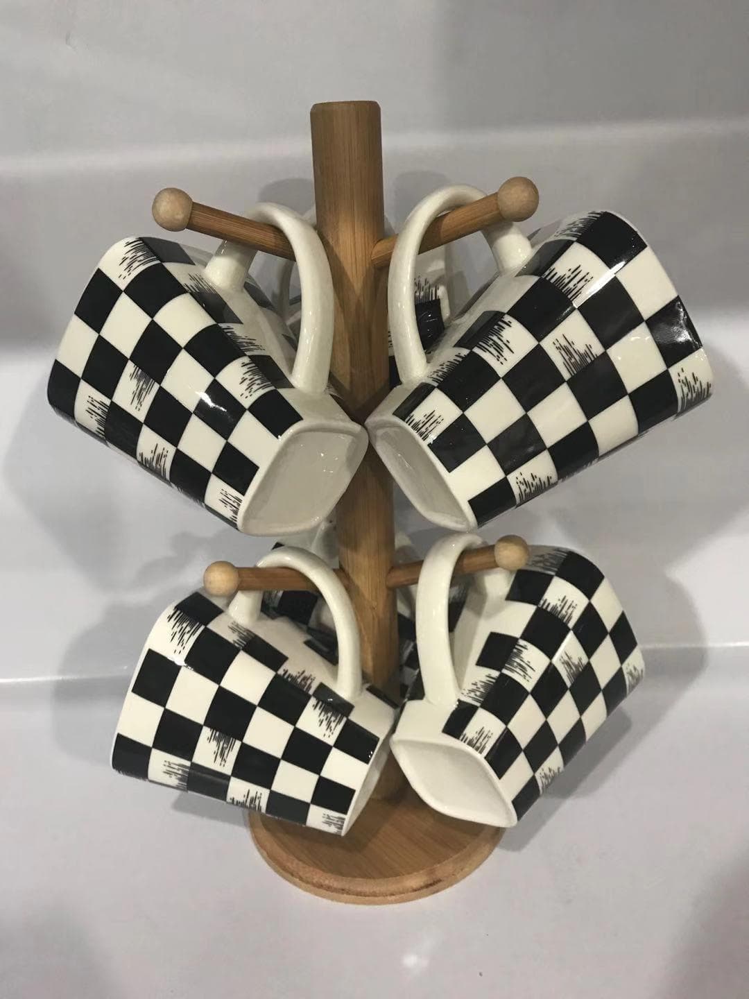 6-Piece Square-Handled Chequerboard Ceramic Mug Set on Bamboo Mug Tree