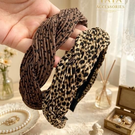 Pleated Fabric Headband, Brown and Leopard