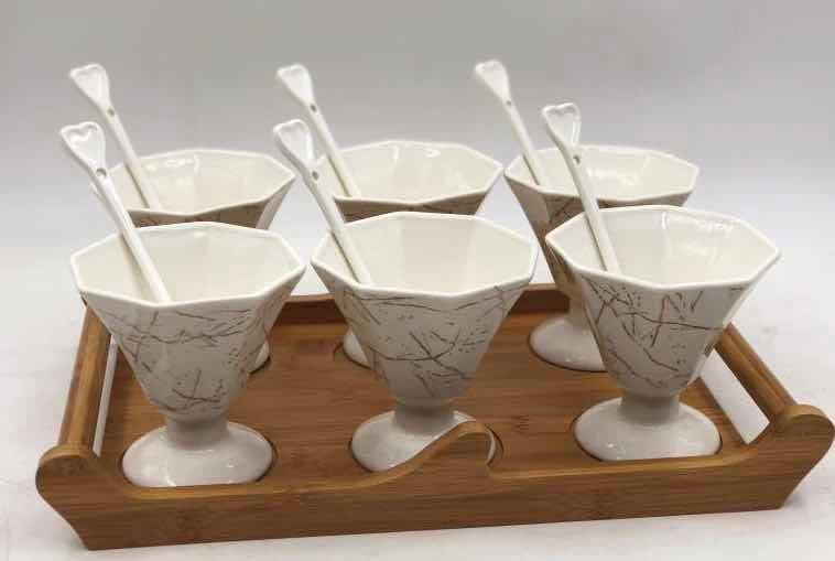 6-Piece Marble-Effect Ceramic Dessert Cup Set with Spoons on Bamboo Tray, White